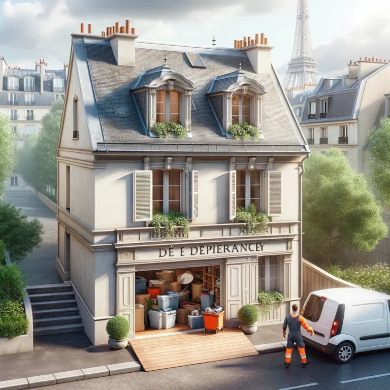 DALL·E-2023-11-13-15.07.25-Realistic-scene-of-a-house-with-an-attached-dependency-such-as-a-garage-or-shed-in-Paris.-The-image-shows-a-professional-team-actively-clearing-out-.webp