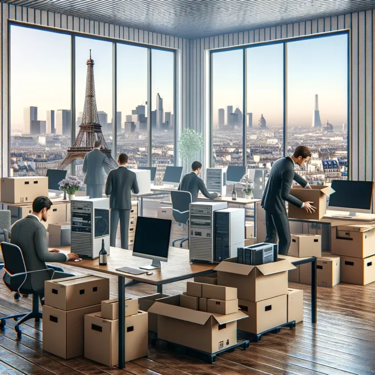 DALL·E-2023-11-13-15.15.17-Realistic-scene-of-an-office-in-Paris-filled-with-various-computer-equipment-being-cleared-out.-The-image-shows-a-professional-team-actively-engaged-i.webp